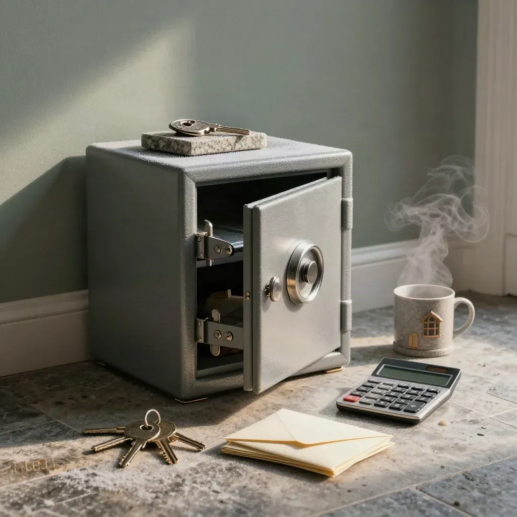 Open safe with keys, cash envelopes, calculator, and stone house on frosty stone floor