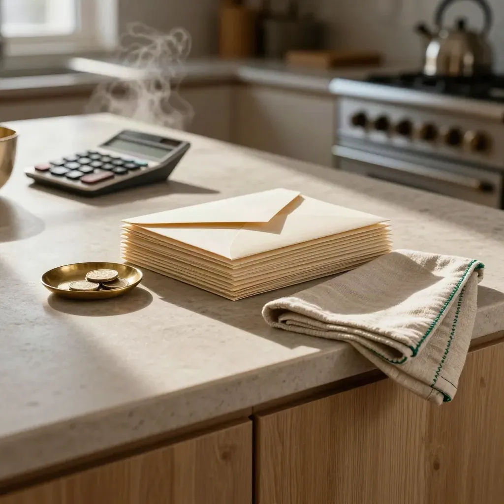 Kitchen island with envelopes, brass dish, calculator and linen cloth in winter light