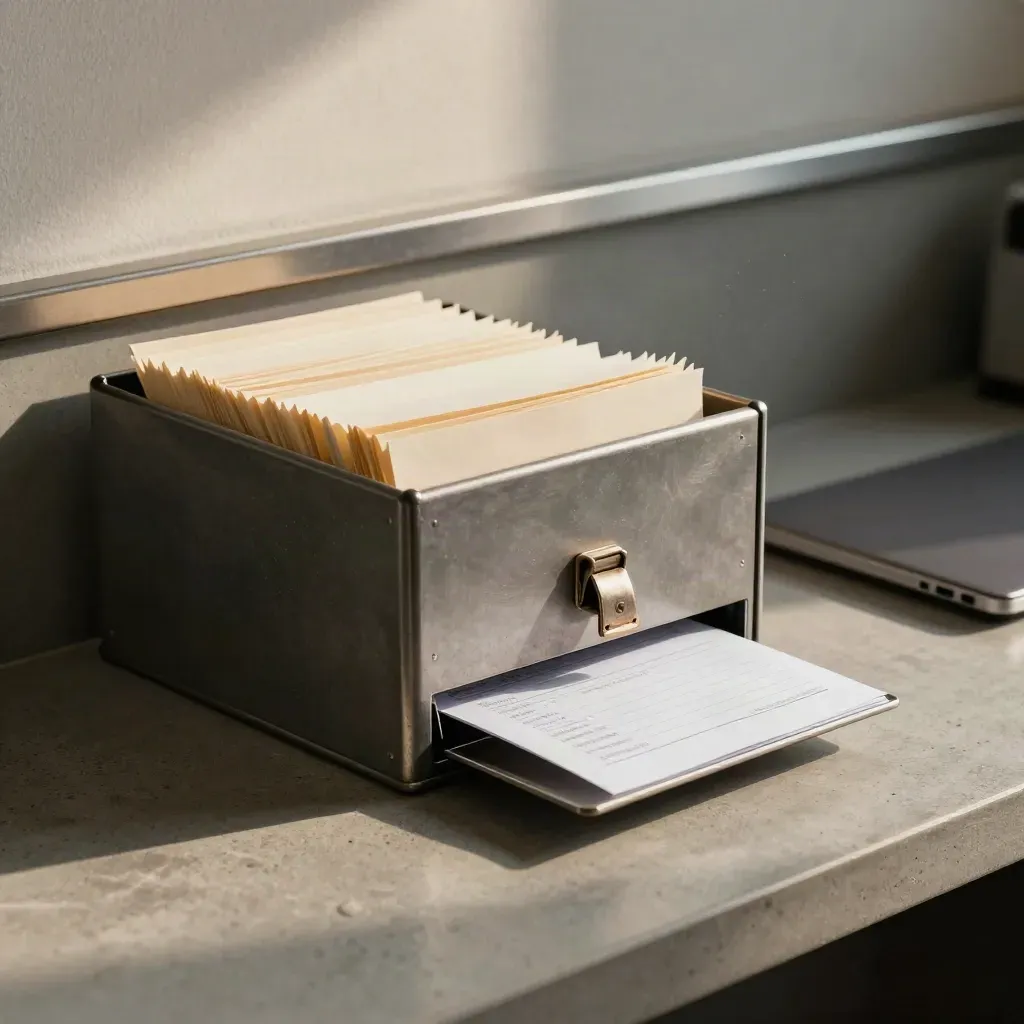 Open cash box beside folders, tray and closed laptop on a small office counter in moody light