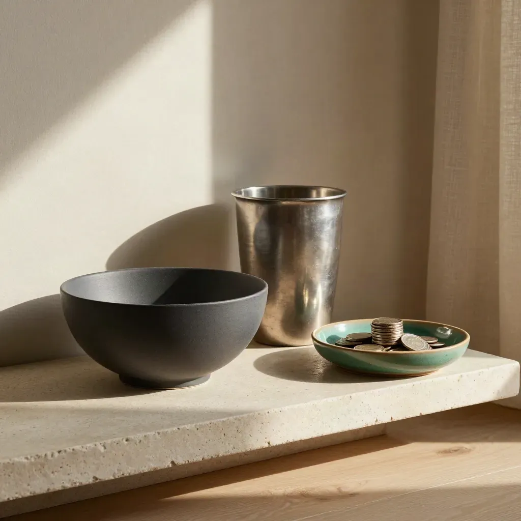 Three vessels on a stone shelf with coins, lit by warm daylight.