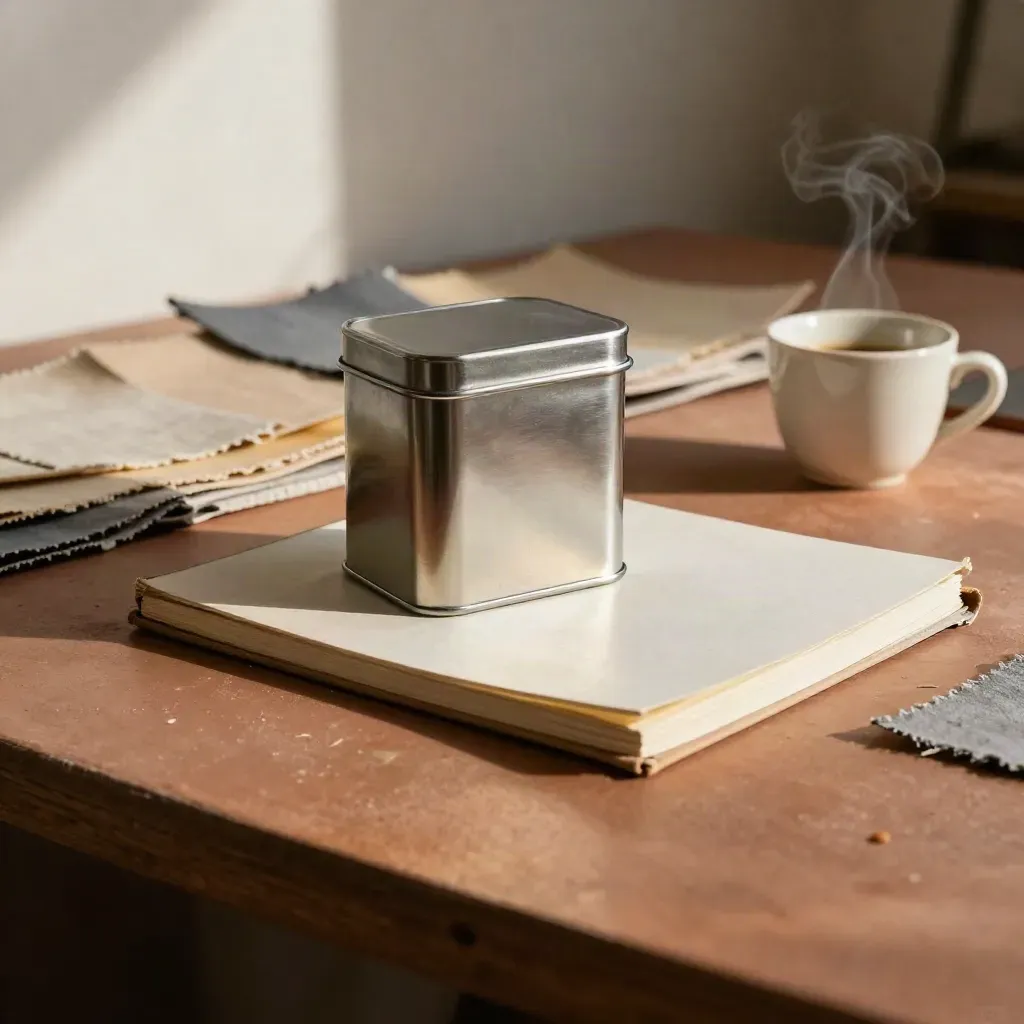 Studio desk with cash tin, closed notebook, fabric swatches, and a steaming coffee cup in warm morning light.