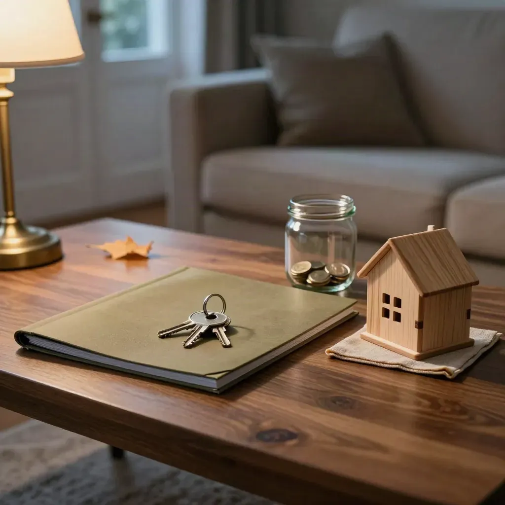 Family coffee table with school folder, keys, savings jar and toy house by lamp light.