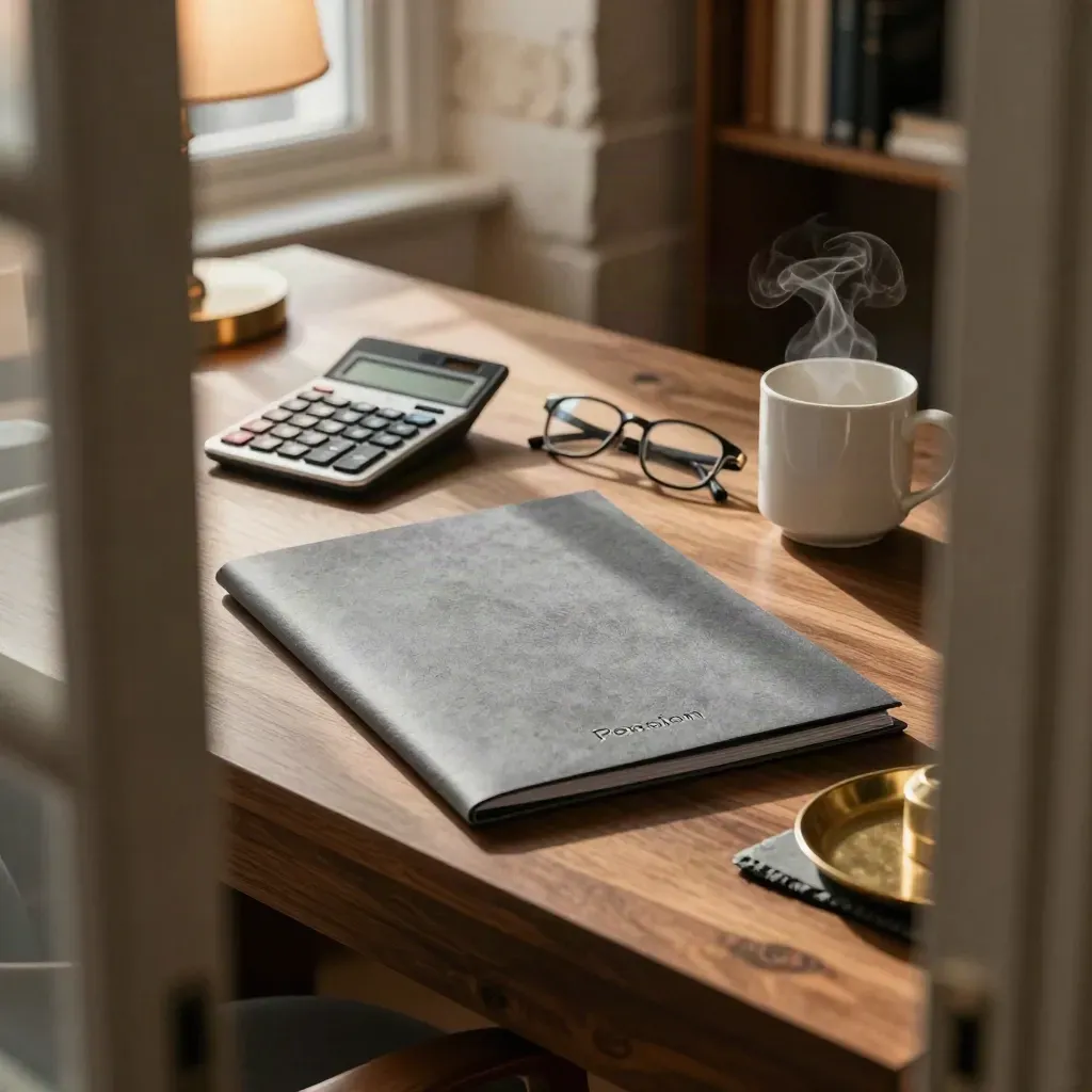 Home office with pension folder, calculator, glasses and mug on a walnut desk in morning sun.