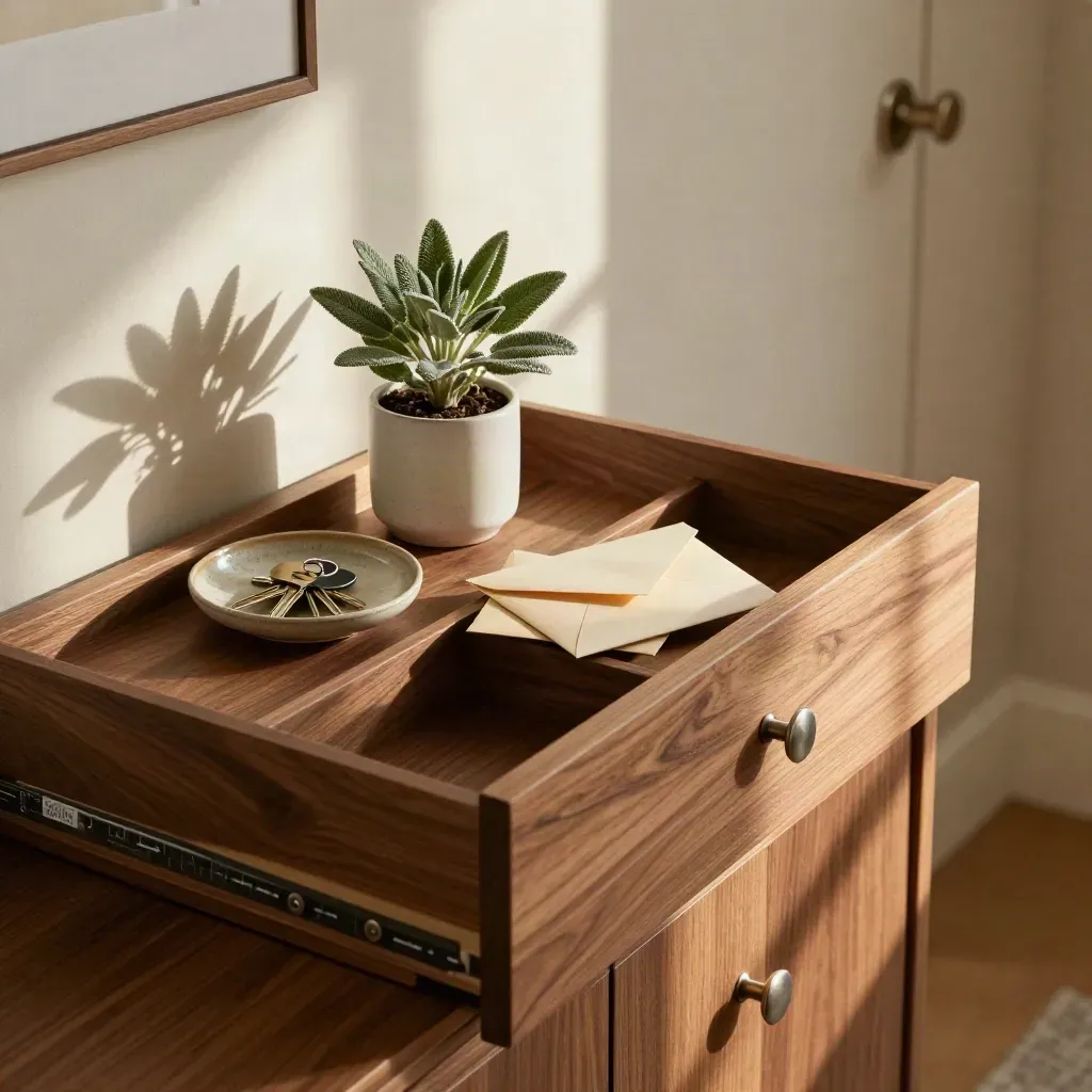 Half-open drawer console with plant, dish, and folded envelopes in warm light