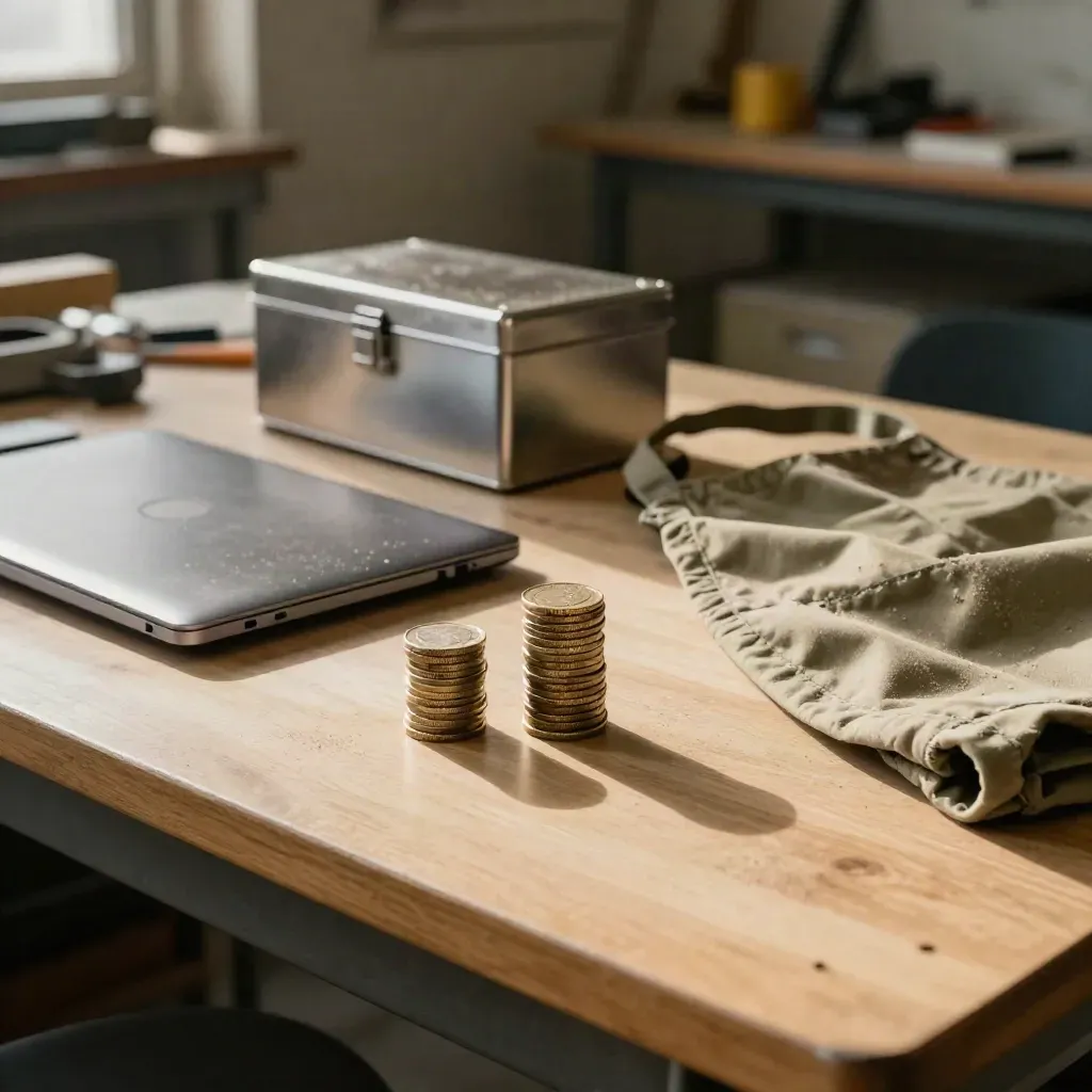 Workshop desk with two coin stacks, closed laptop, steel box and folded apron in warm late light.