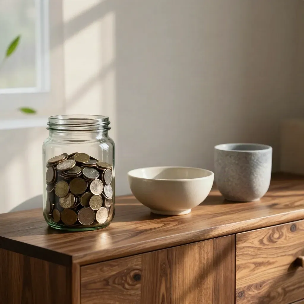Sideboard still life with coins, a bowl, and a stone cup in soft daylight.