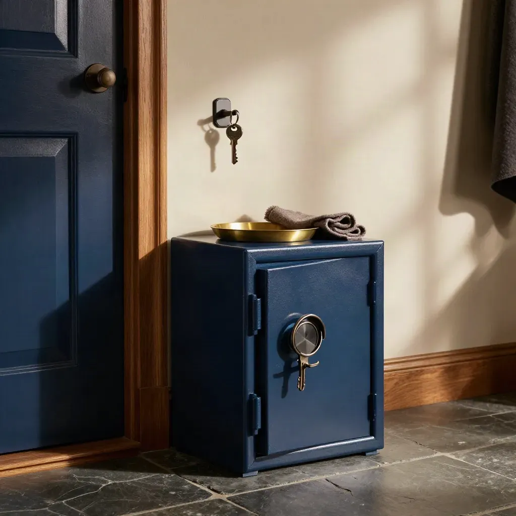 Floor-level view of a closed entryway safe beside a key hook, brass tray and folded wool cloth.