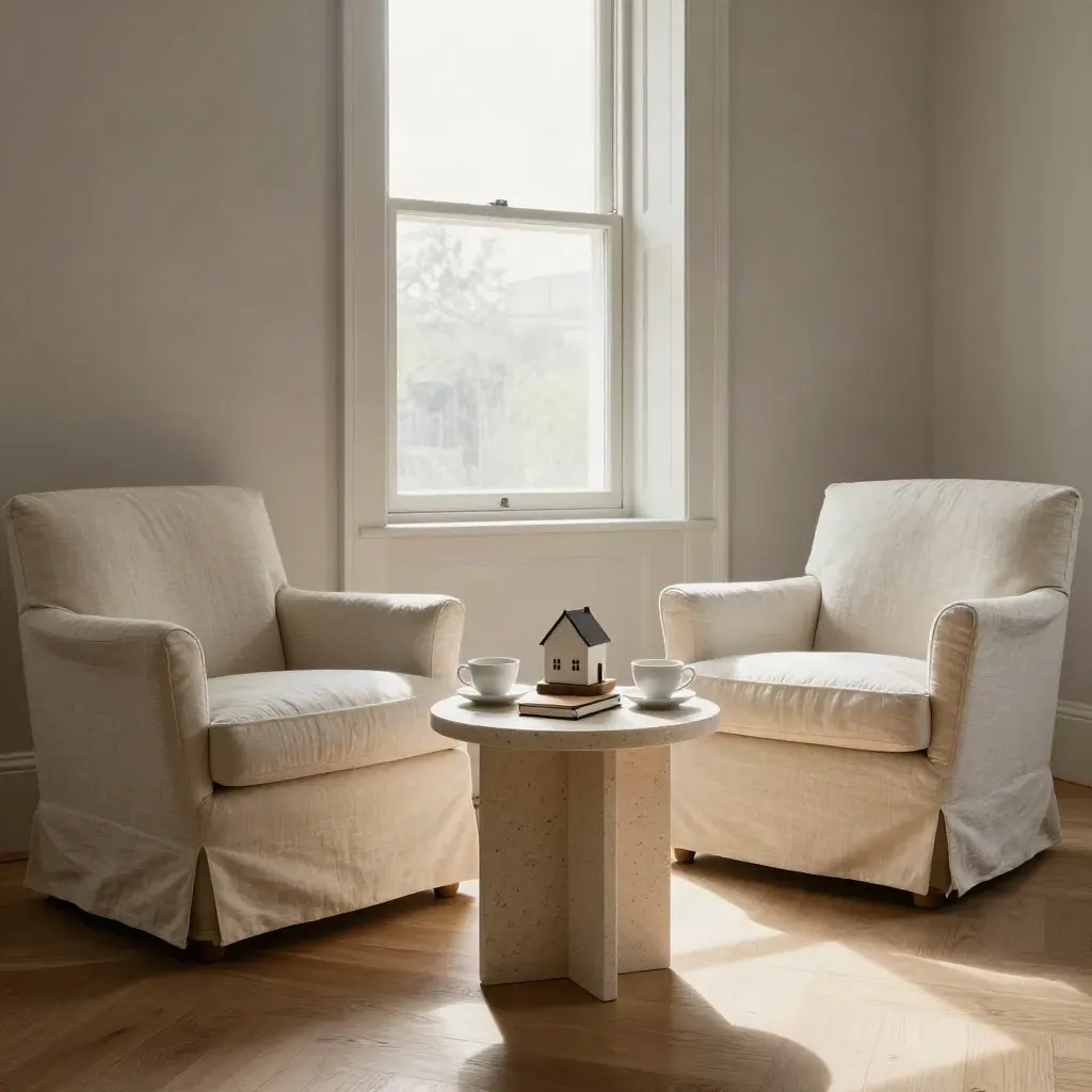 Sunlit living room with armchairs, coffee cups, notebook, and a small house model.