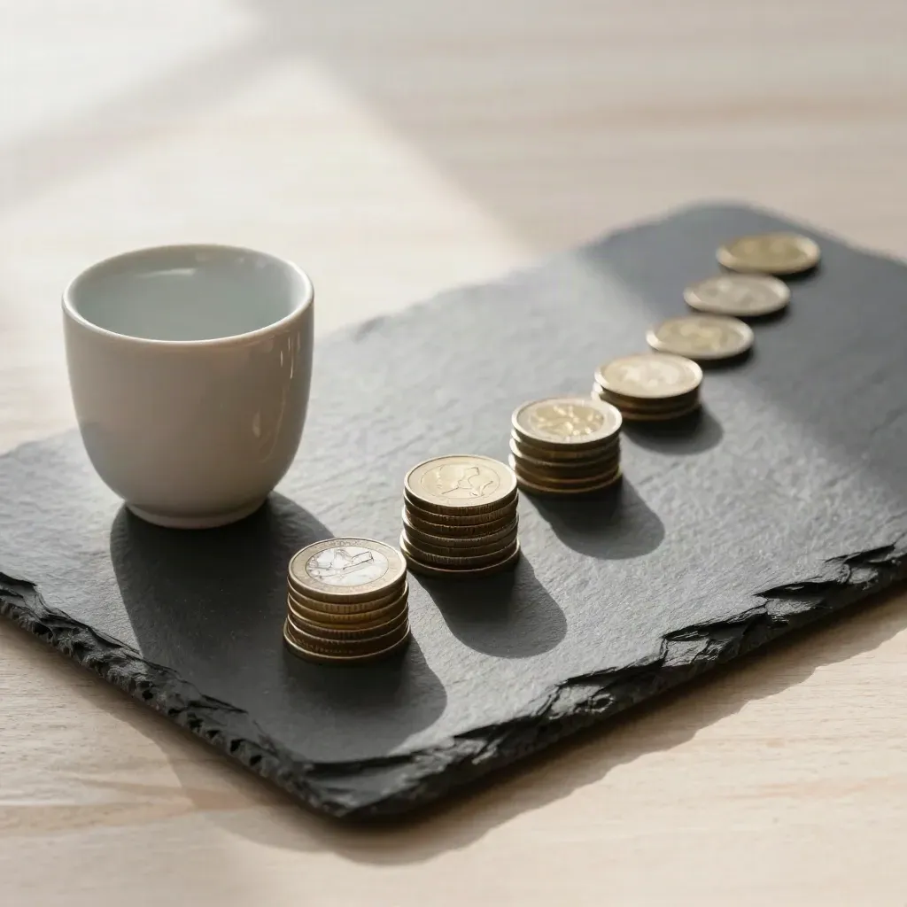 Slate tray with coin stacks, ceramic cup, and linen strip on pale wood.
